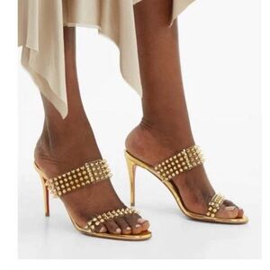 Christian Louboutin Spikes Only 85 Gold PVC Slide Mule Open Sandal Heel Pump 35